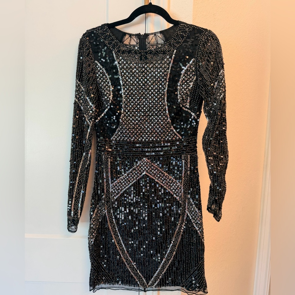 Black Beaded Long-Sleeve Evening Dress